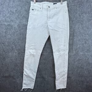Ag Adriano Goldschmied Off-White Straight Leg Jeans with Knee Distress